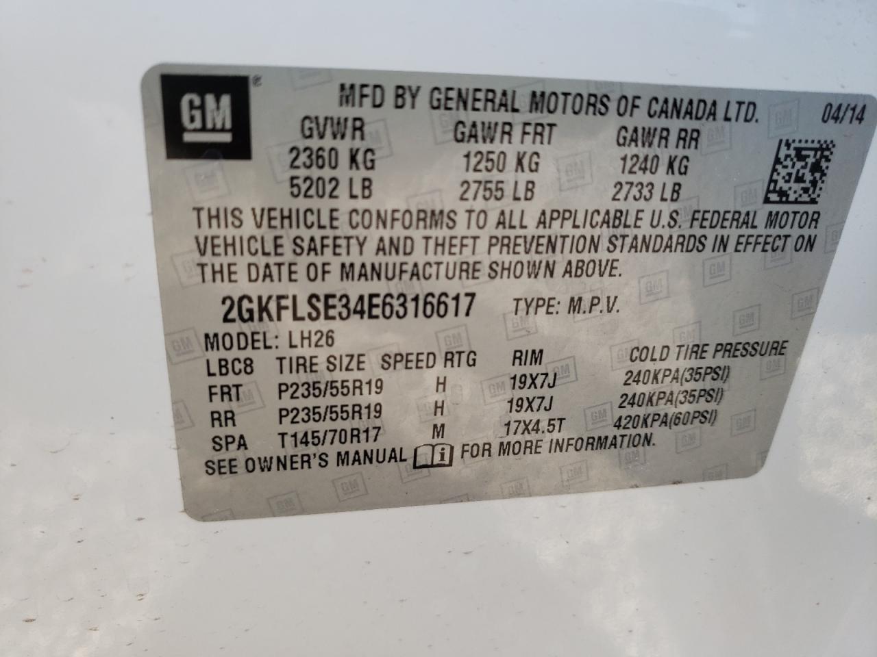 Photo 10 from auction – 2014 GMC TERRAIN SL with VIN 2GKFLSE34E6316617