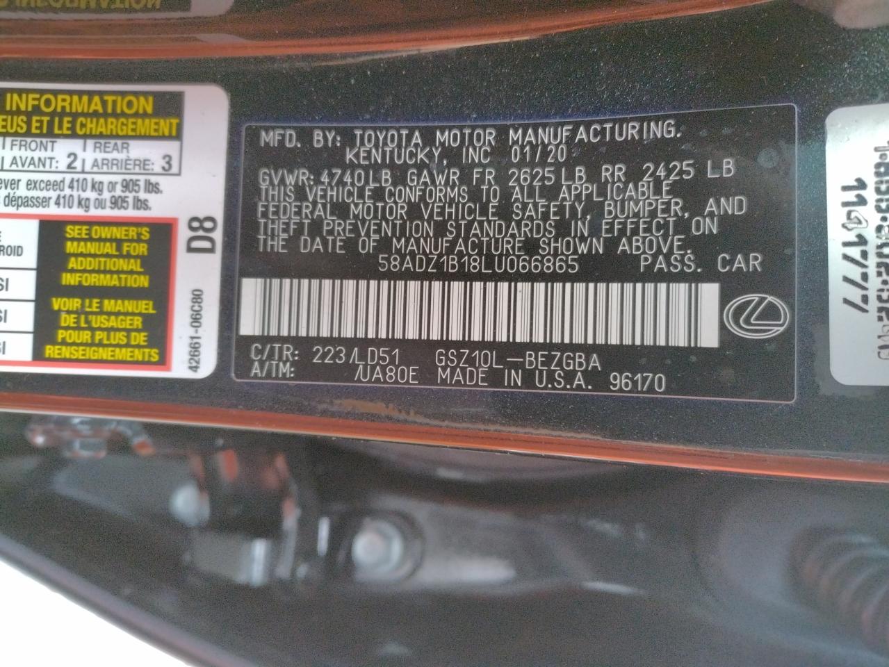Photo 10 from auction – 2020 LEXUS ES 350 with VIN 58ADZ1B18LU066865