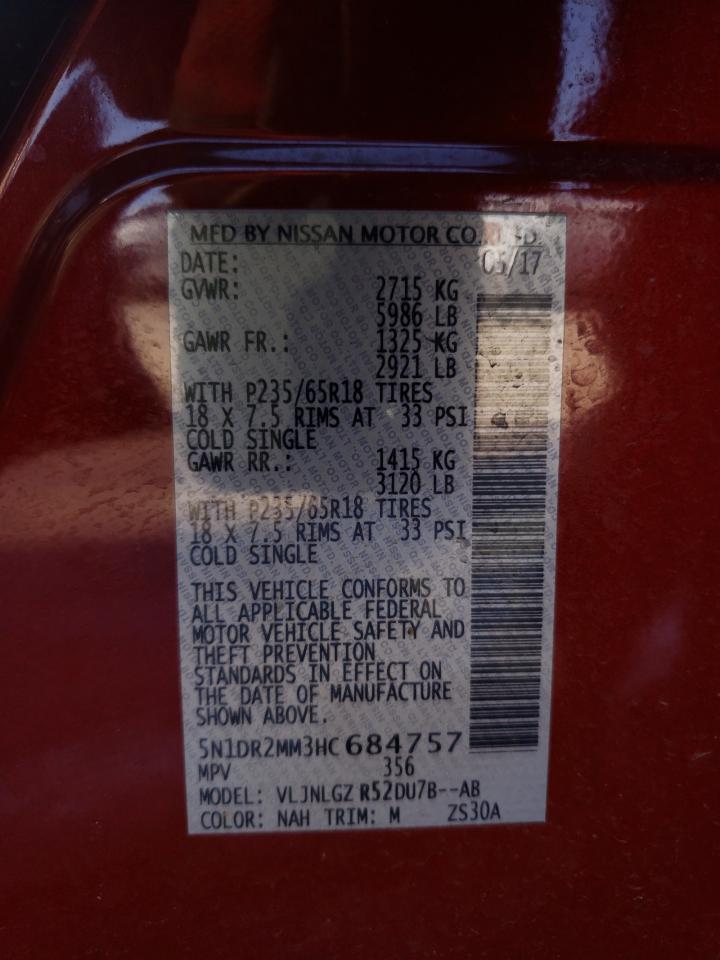 Photo 10 from auction – 2017 NISSAN PATHFINDER with VIN 5N1DR2MM3HC684757