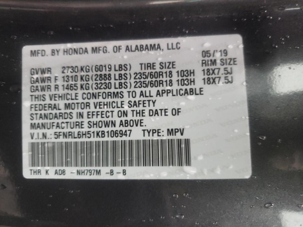 Photo 10 from auction – 2019 HONDA ODYSSEY EX with VIN 5FNRL6H51KB106947