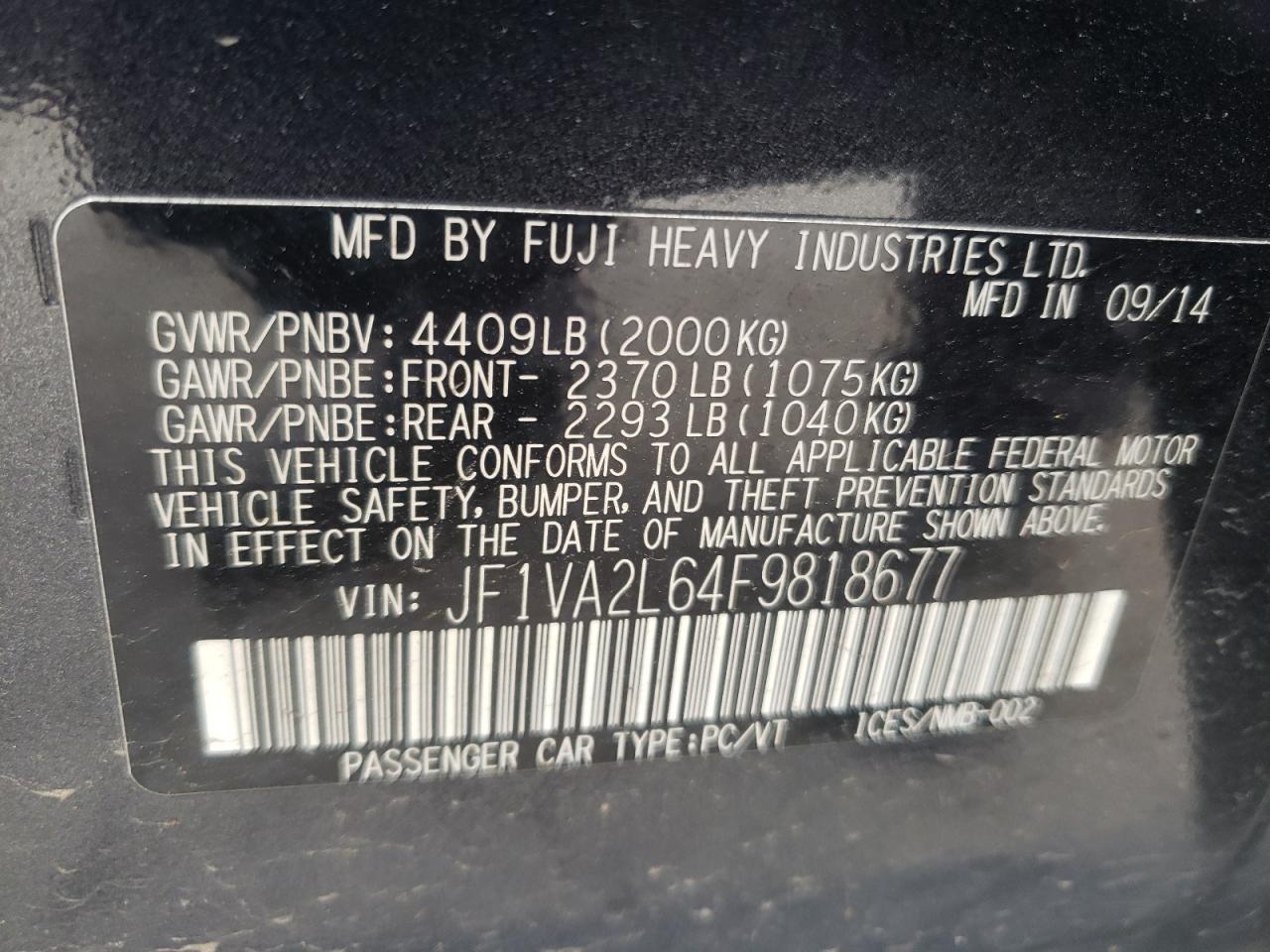 Photo 10 from auction – 2015 SUBARU WRX STI with VIN JF1VA2L64F9818677