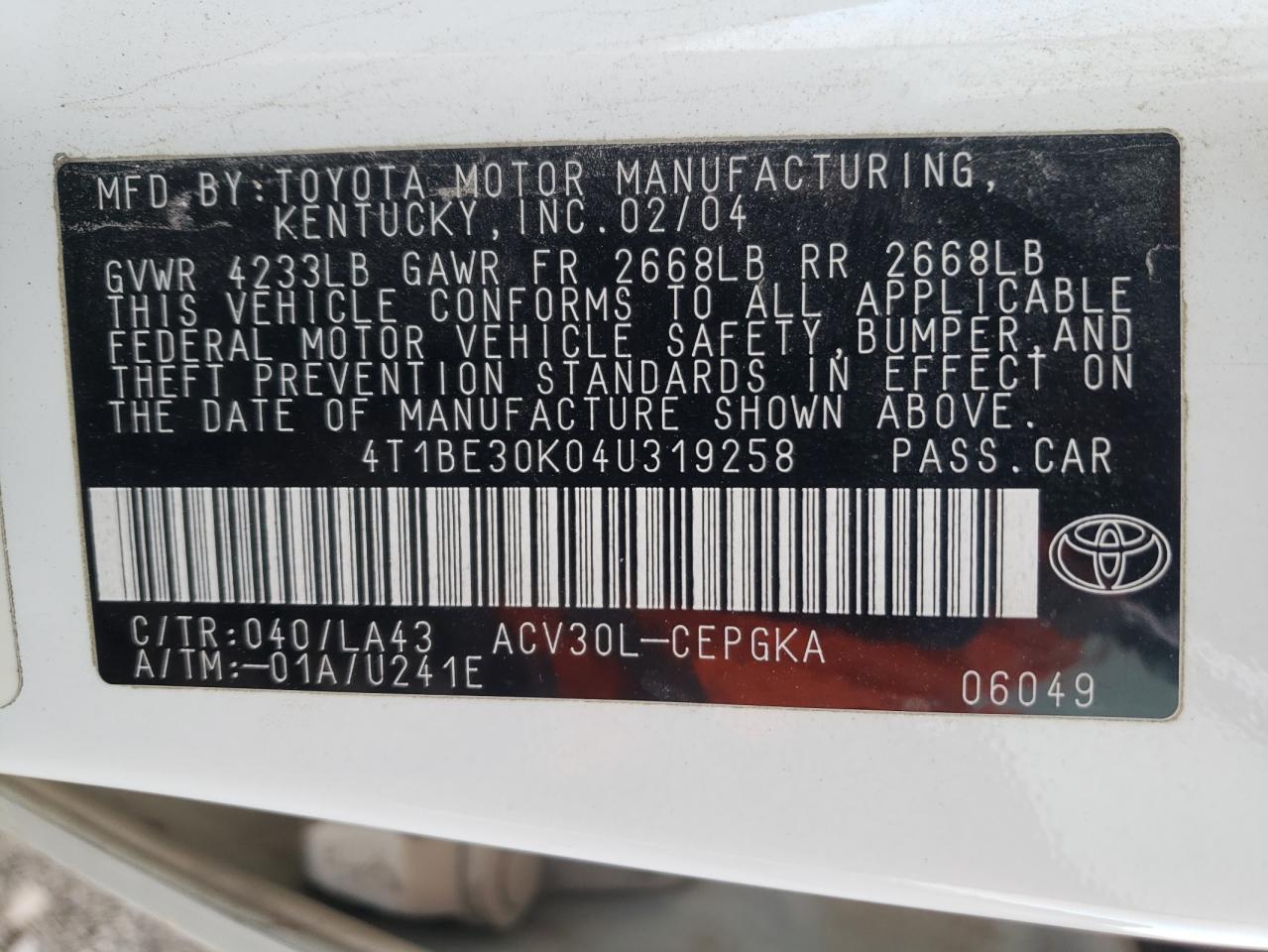 Photo 10 from auction – 2004 TOYOTA CAMRY LE with VIN 4T1BE30K04U319258