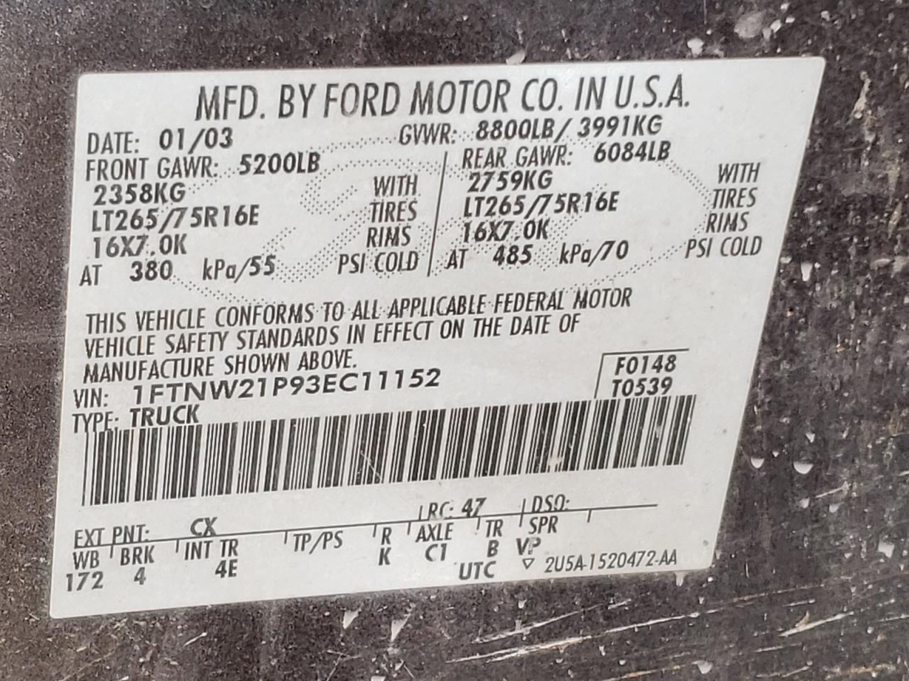 Photo 10 from auction – 2003 FORD F250 SUPER with VIN 1FTNW21P93EC11152