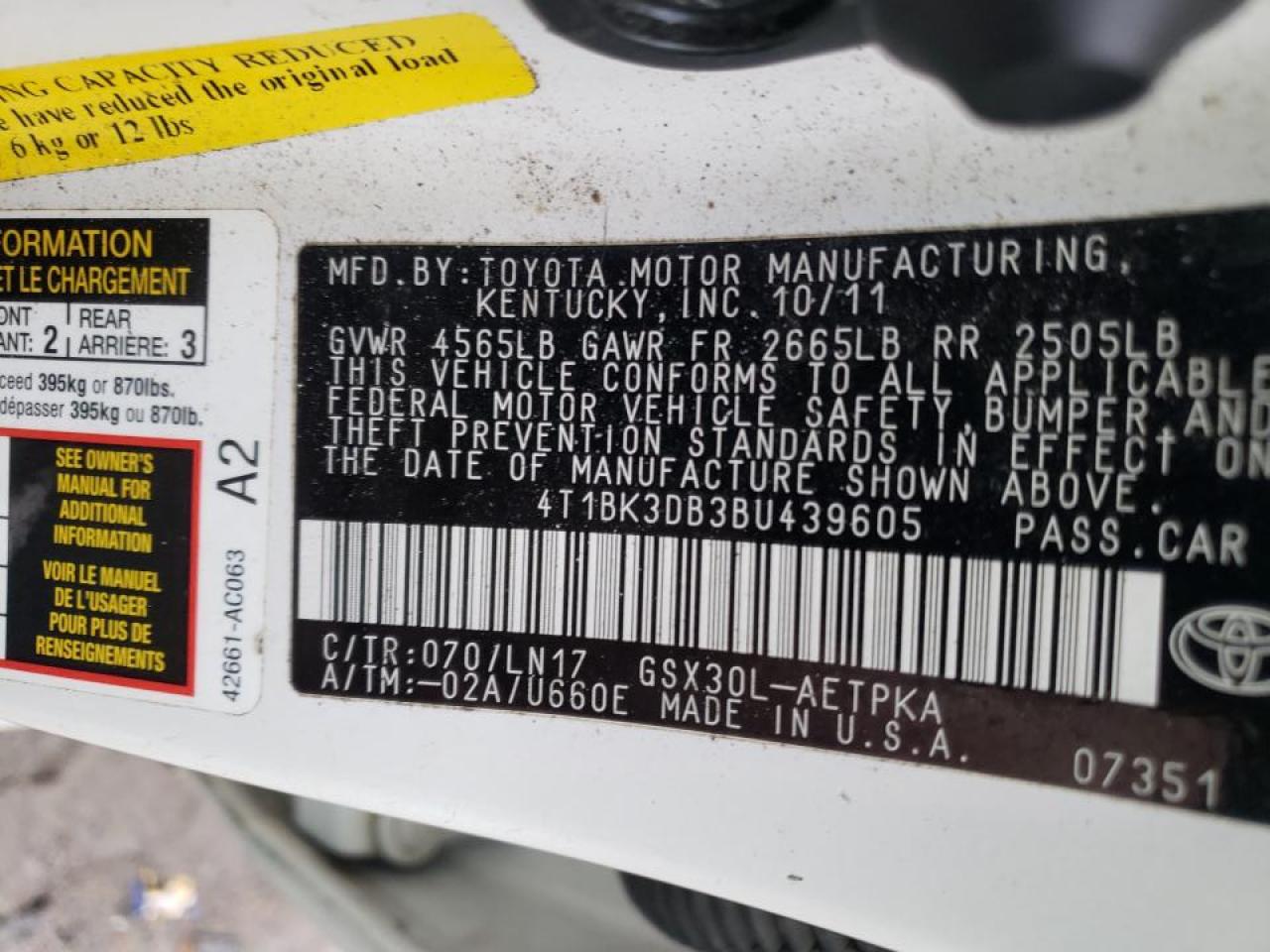 Photo 10 from auction – 2011 TOYOTA AVALON BAS with VIN 4T1BK3DB3BU439605
