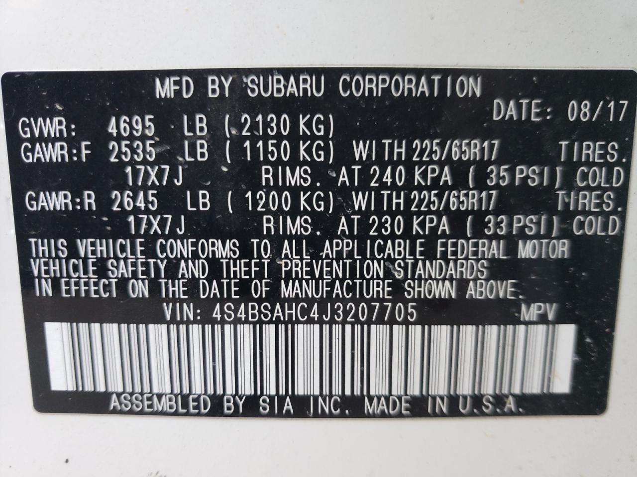 Photo 10 from auction – 2018 SUBARU OUTBACK 2. with VIN 4S4BSAHC4J3207705