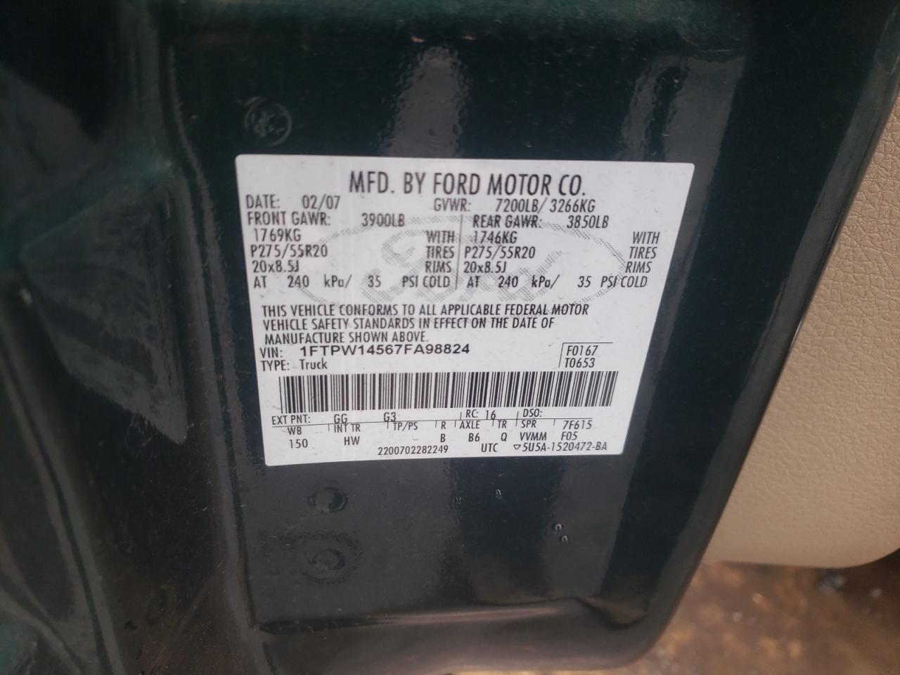 Photo 10 from auction – 2007 FORD F150 SUPER with VIN 1FTPW14567FA98824