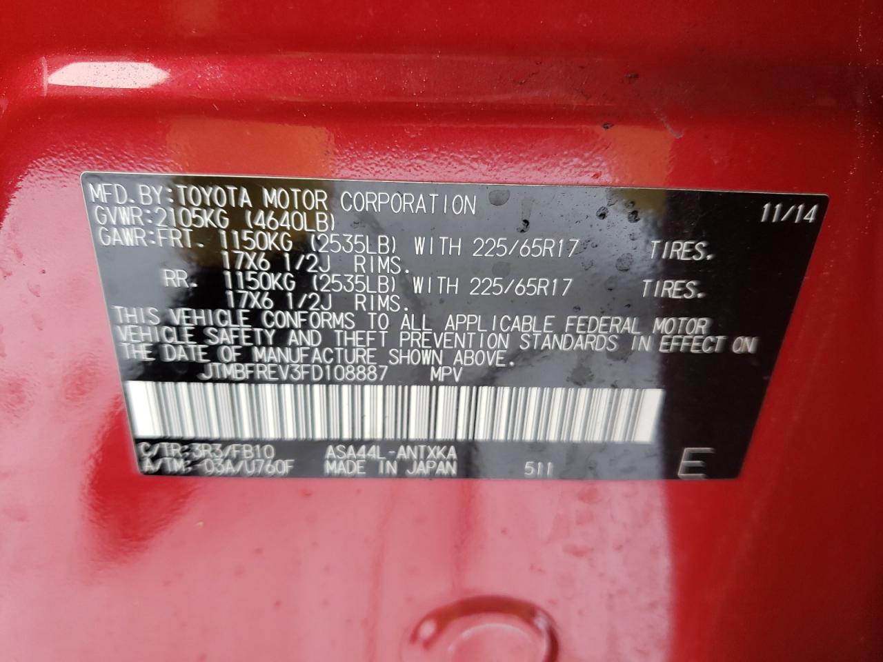 Photo 10 from auction – 2015 TOYOTA RAV4 LE with VIN JTMBFREV3FD108887