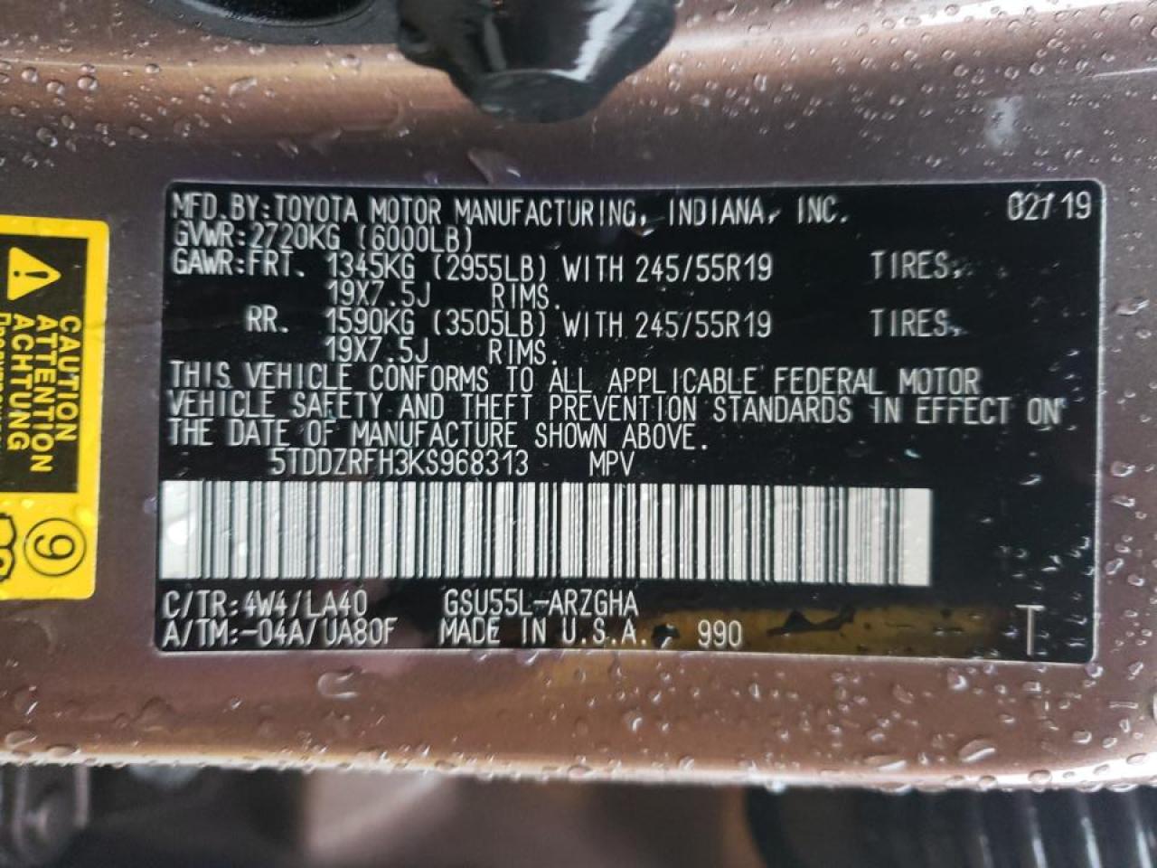 Photo 10 from auction – 2019 TOYOTA HIGHLANDER with VIN 5TDDZRFH3KS968313