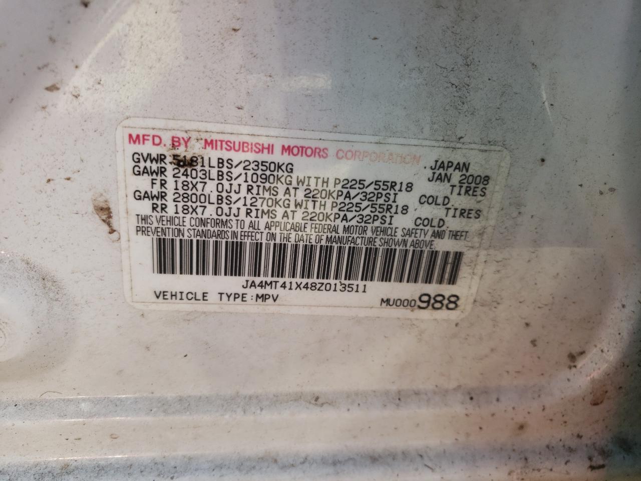 Photo 10 from auction – 2008 MITSUBISHI OUTLANDER with VIN JA4MT41X48Z013511