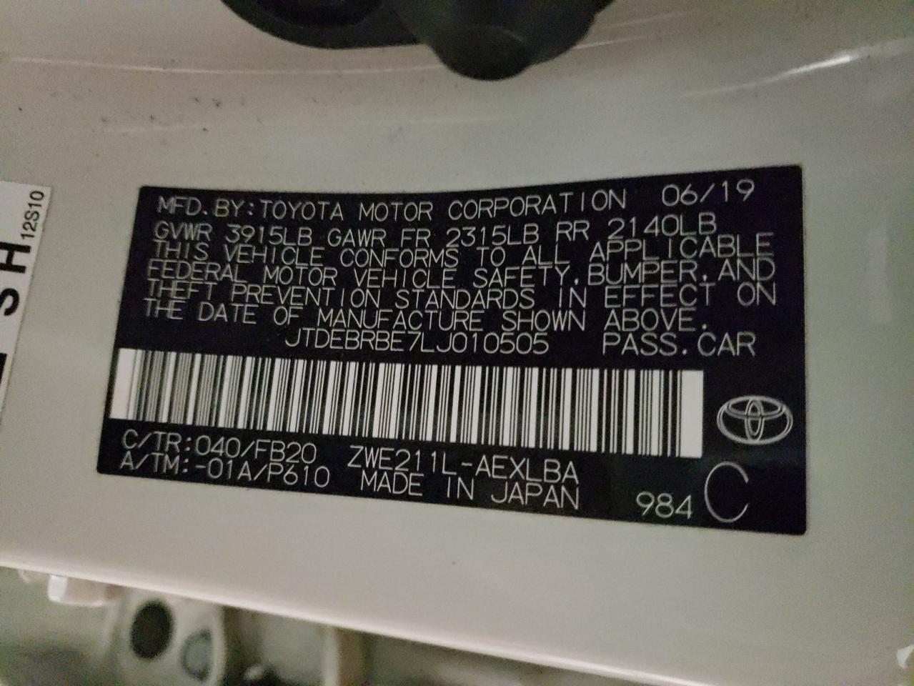 Photo 10 from auction – 2020 TOYOTA COROLLA LE with VIN JTDEBRBE7LJ010505