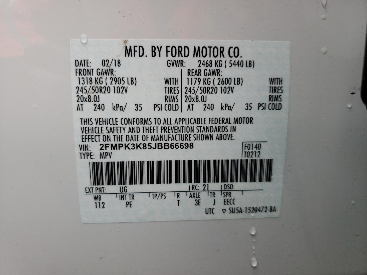 Photo 10 from auction – 2018 FORD EDGE TITAN with VIN 2FMPK3K85JBB66698