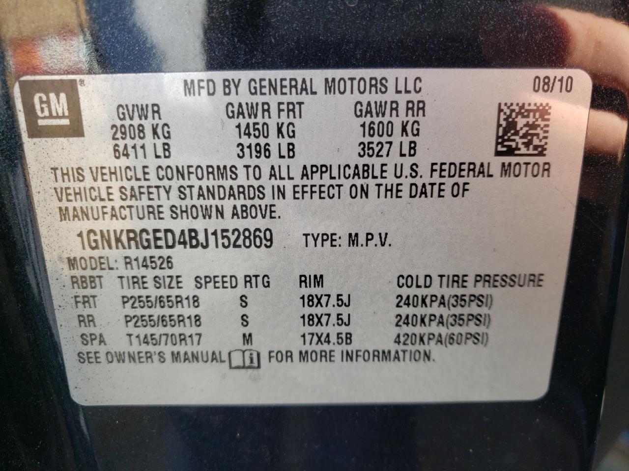 Photo 10 from auction – 2011 CHEVROLET TRAVERSE L with VIN 1GNKRGED4BJ152869