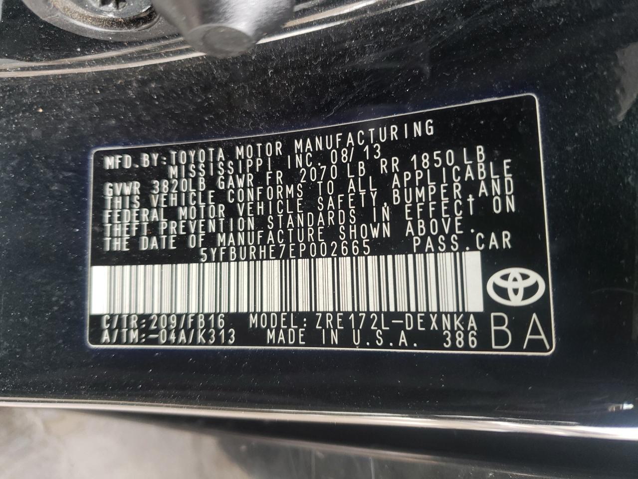 Photo 10 from auction – 2014 TOYOTA COROLLA L with VIN 5YFBURHE7EP002665