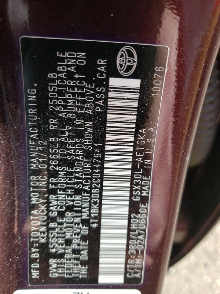 Photo 10 from auction – 2012 TOYOTA AVALON BAS with VIN 4T1BK3DB2CU447941