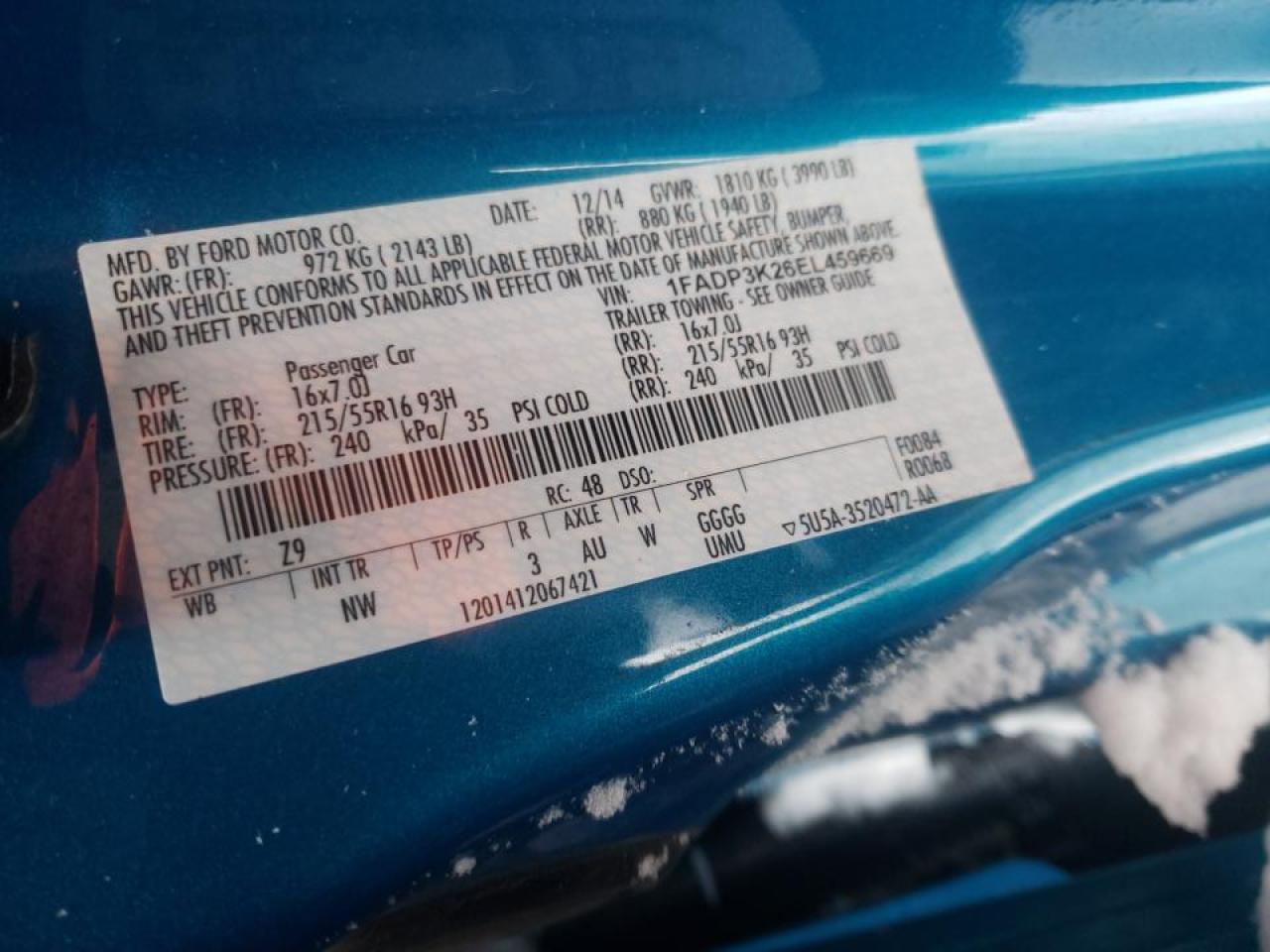 Photo 10 from auction – 2014 FORD FOCUS SE with VIN 1FADP3K26EL459669