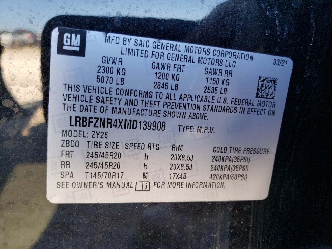 Photo 10 from auction – 2021 BUICK ENVISION E with VIN LRBFZNR4XMD139908