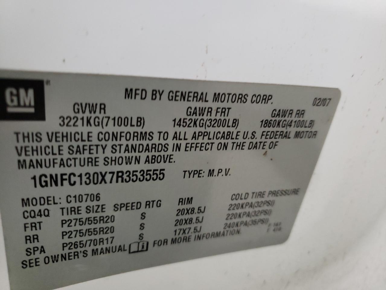 Photo 10 from auction – 2007 CHEVROLET TAHOE with VIN 1GNFC130X7R353555