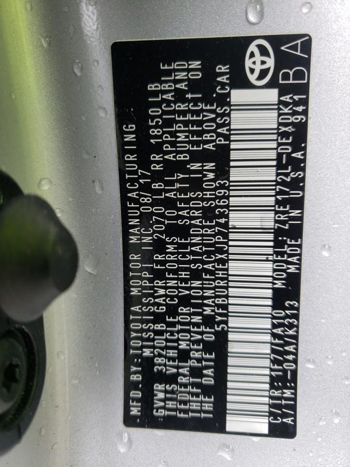 Photo 10 from auction – 2018 TOYOTA COROLLA L with VIN 5YFBURHEXJP743693