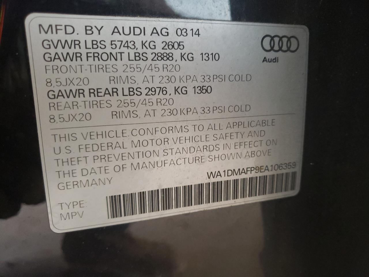 Photo 10 from auction – 2014 AUDI Q5 TDI PRE with VIN WA1DMAFP9EA106359