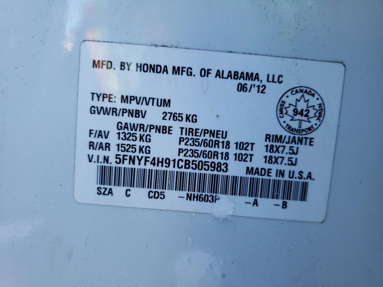Photo 10 from auction – 2012 HONDA PILOT TOUR with VIN 5FNYF4H91CB505983