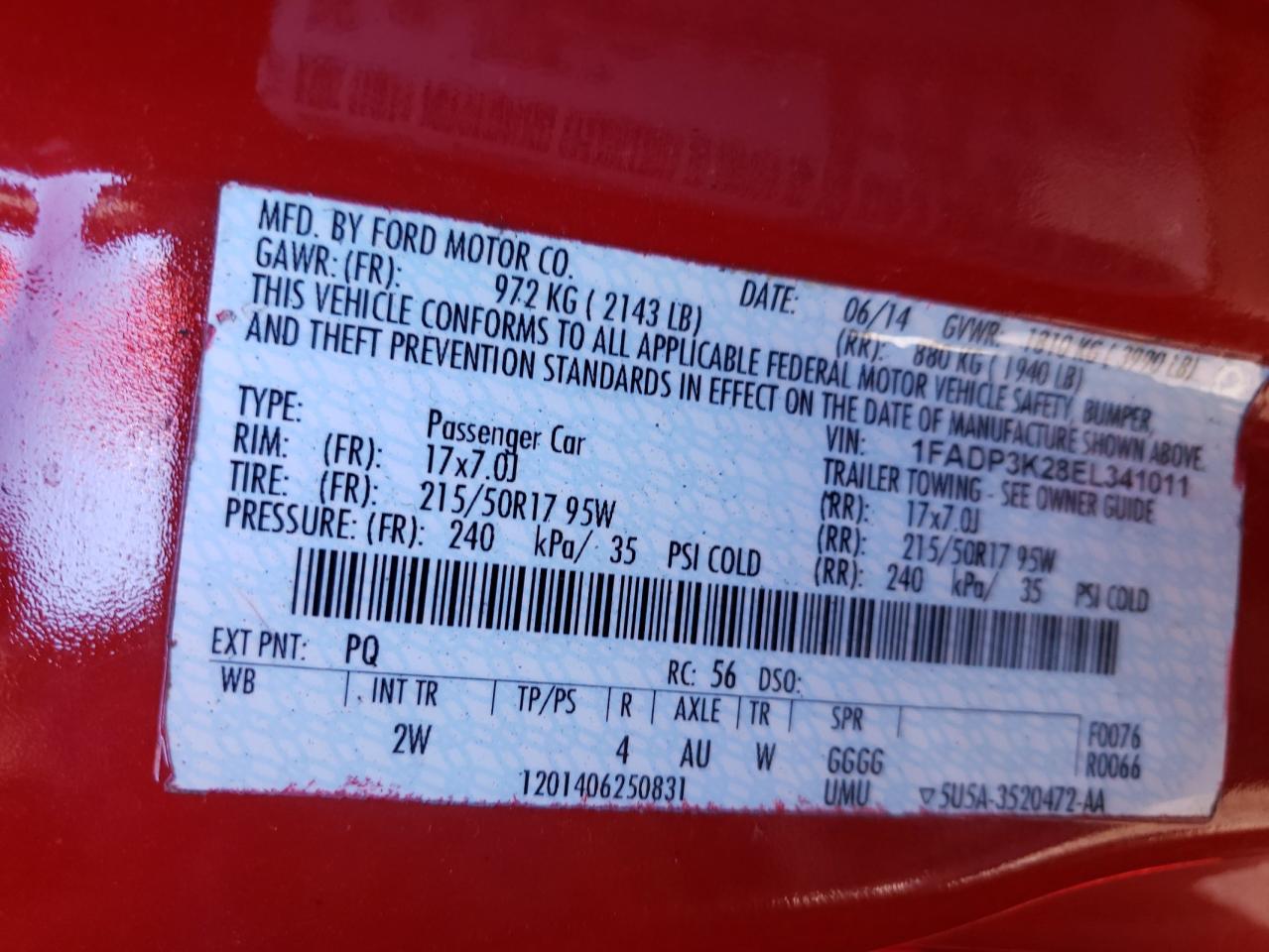 Photo 10 from auction – 2014 FORD FOCUS SE with VIN 1FADP3K28EL341011