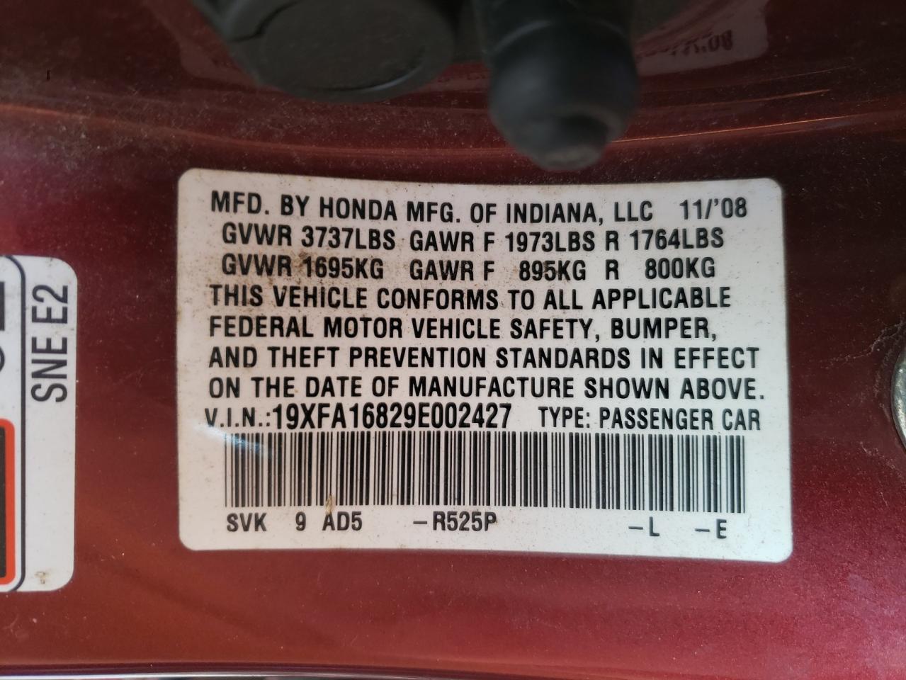 Photo 10 from auction – 2009 HONDA CIVIC EX with VIN 19XFA16829E002427