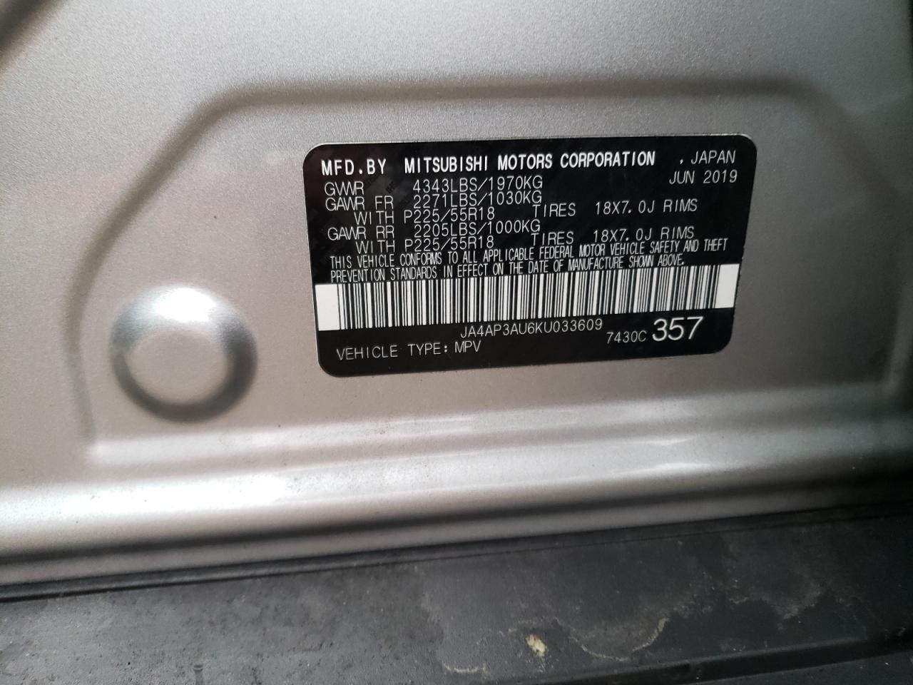 Photo 10 from auction – 2019 MITSUBISHI OUTLANDER with VIN JA4AP3AU6KU033609