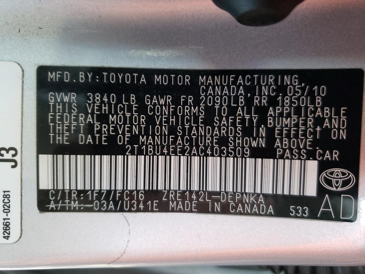 Photo 10 from auction – 2010 TOYOTA COROLLA BA with VIN 2T1BU4EE2AC403509