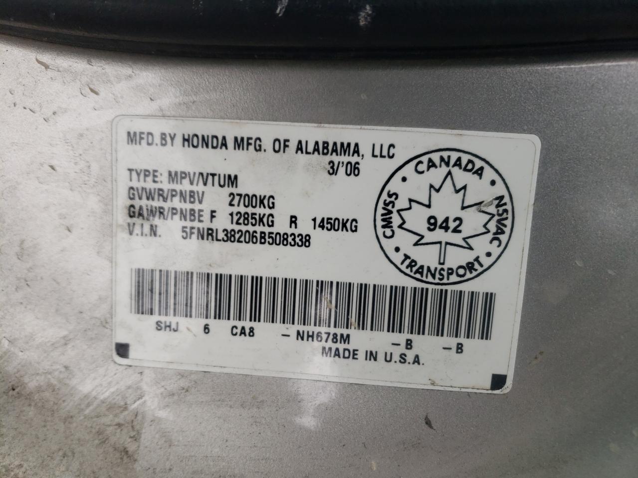 Photo 10 from auction – 2006 HONDA ODYSSEY LX with VIN 5FNRL38206B508338