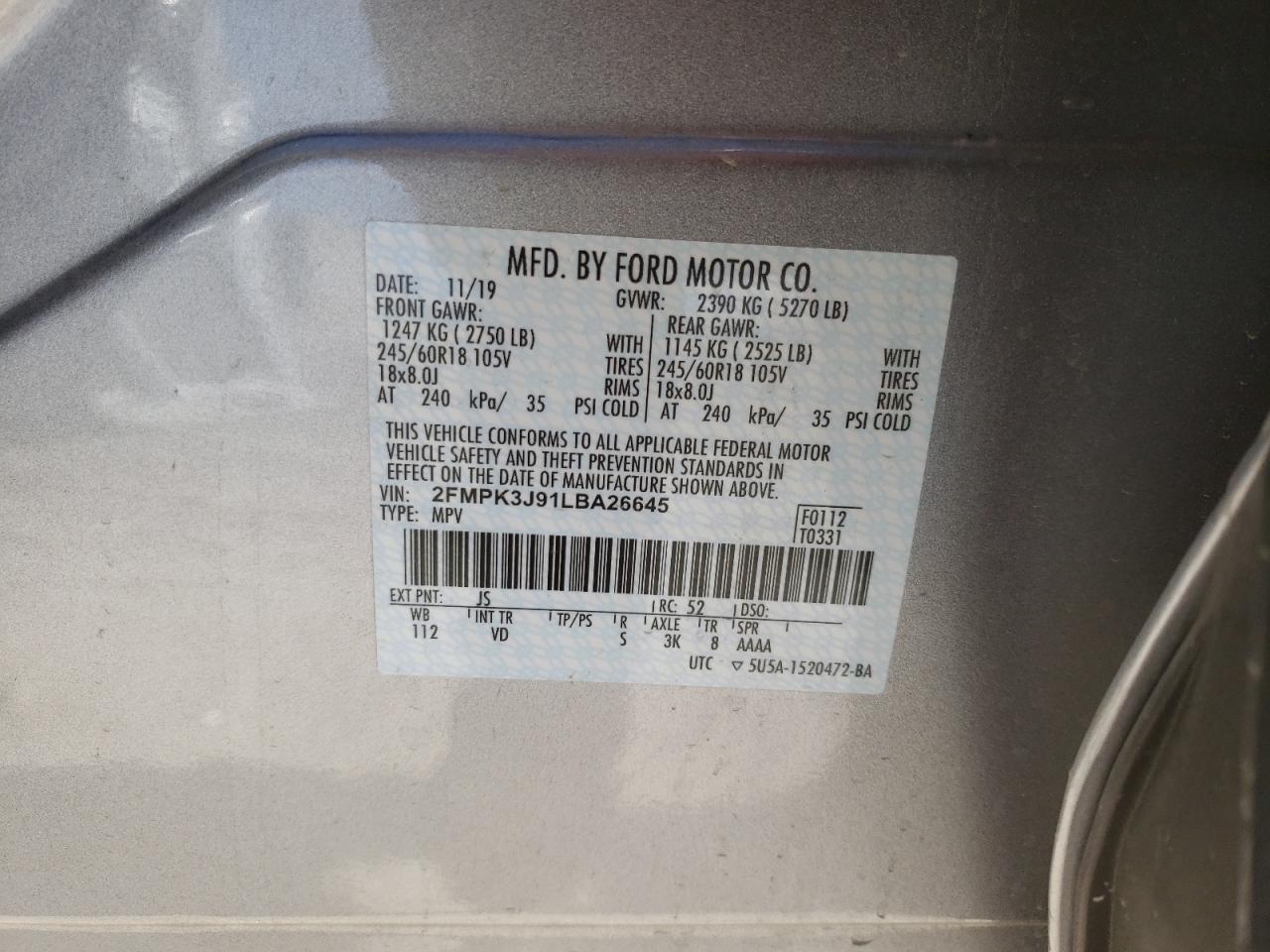 Photo 10 from auction – 2020 FORD EDGE SEL with VIN 2FMPK3J91LBA26645