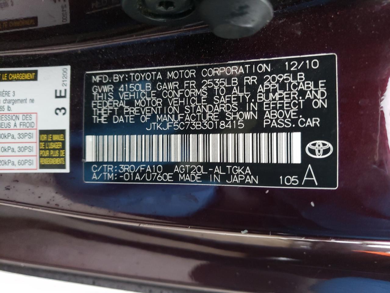 Photo 10 from auction – 2011 TOYOTA SCION TC with VIN JTKJF5C73B3018415