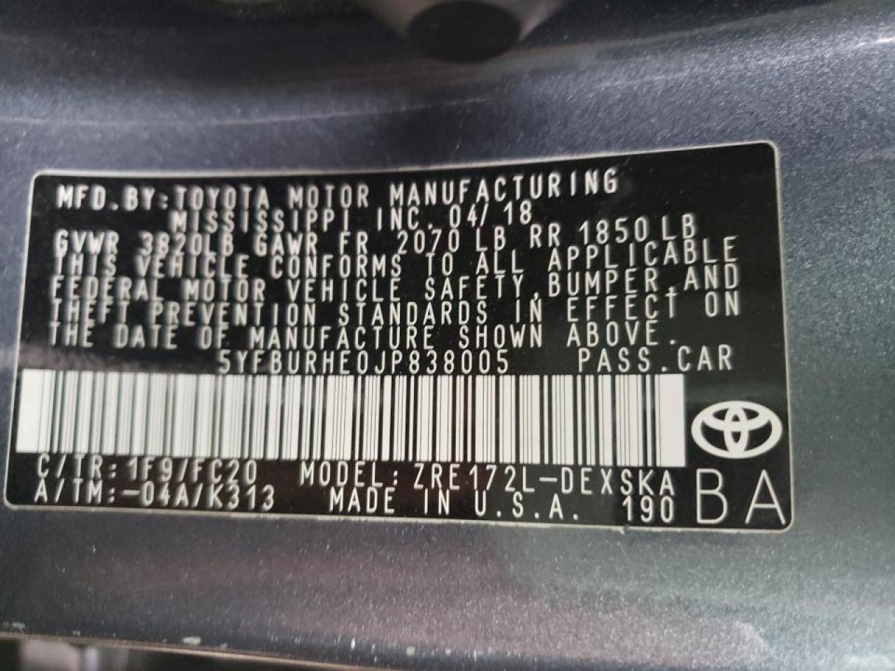Photo 10 from auction – 2018 TOYOTA COROLLA L with VIN 5YFBURHE0JP838005