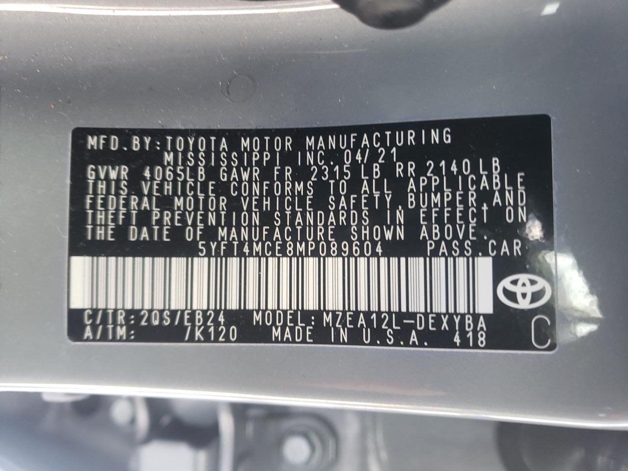 Photo 10 from auction – 2021 TOYOTA COROLLA XS with VIN 5YFT4MCE8MP089604