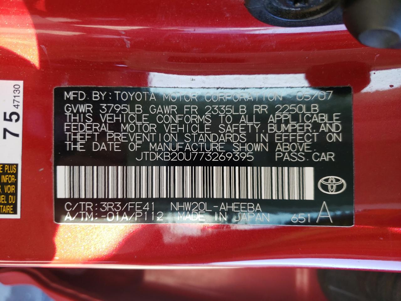 Photo 10 from auction – 2007 TOYOTA PRIUS with VIN JTDKB20U773269395