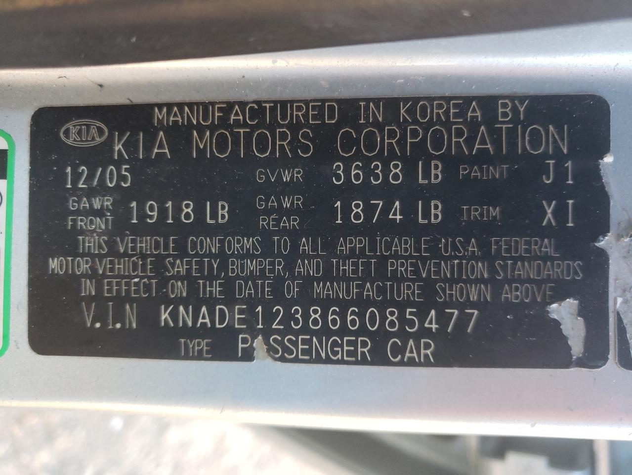 Photo 10 from auction – 2006 KIA RIO with VIN KNADE123866085477