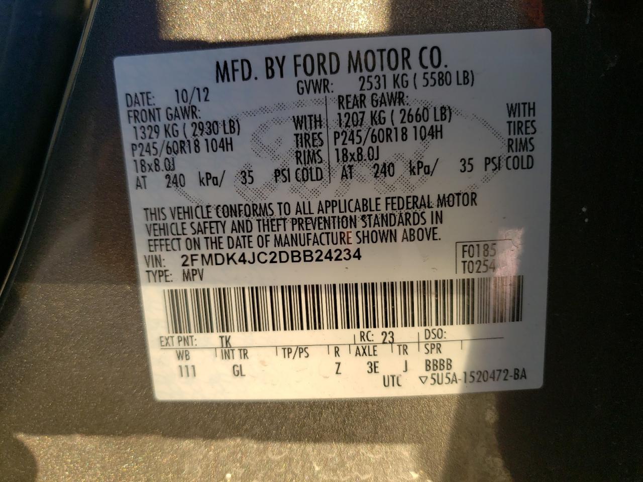 Photo 10 from auction – 2013 FORD EDGE SEL with VIN 2FMDK4JC2DBB24234
