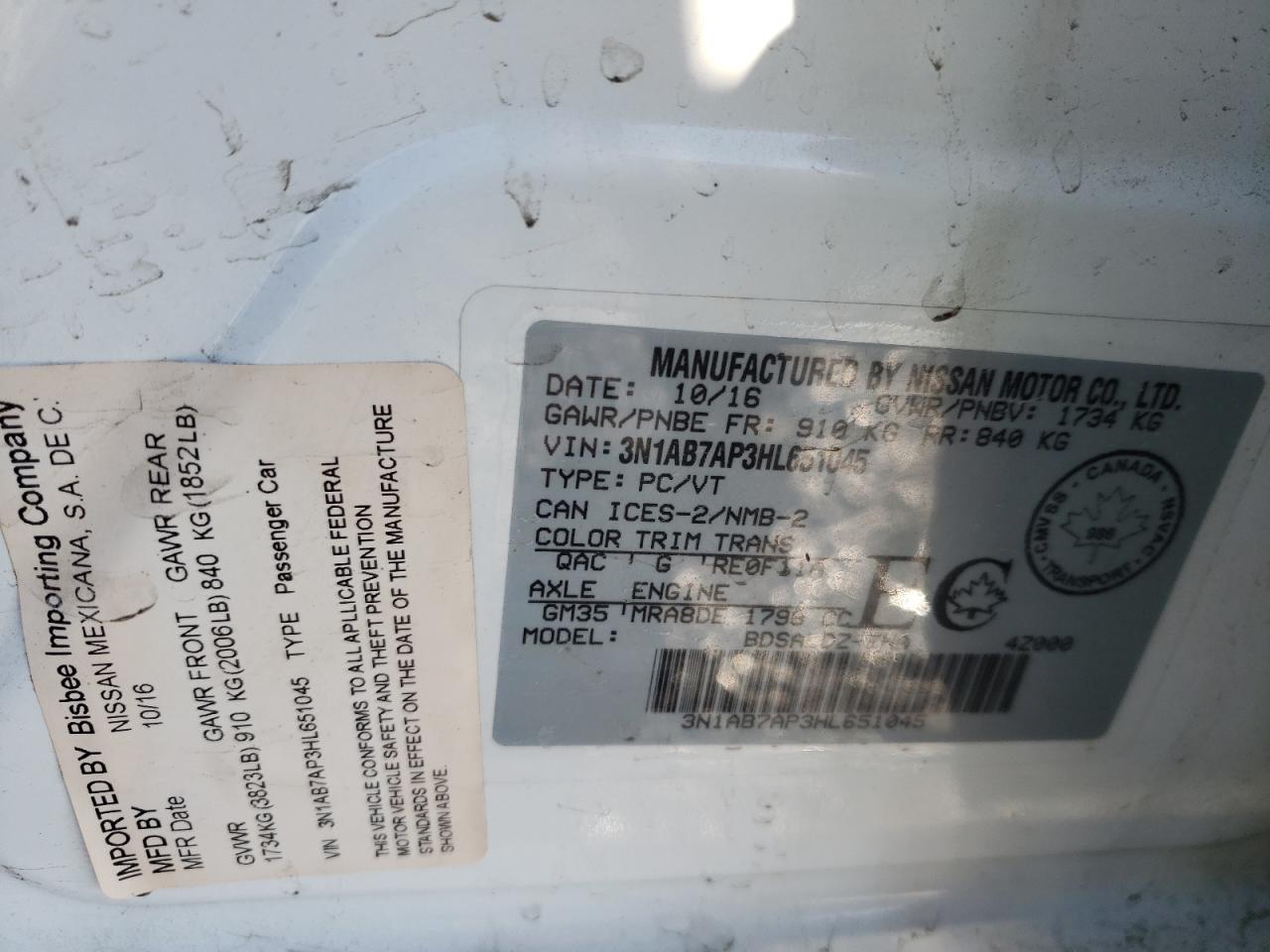 Photo 10 from auction – 2017 NISSAN SENTRA S with VIN 3N1AB7AP3HL651045