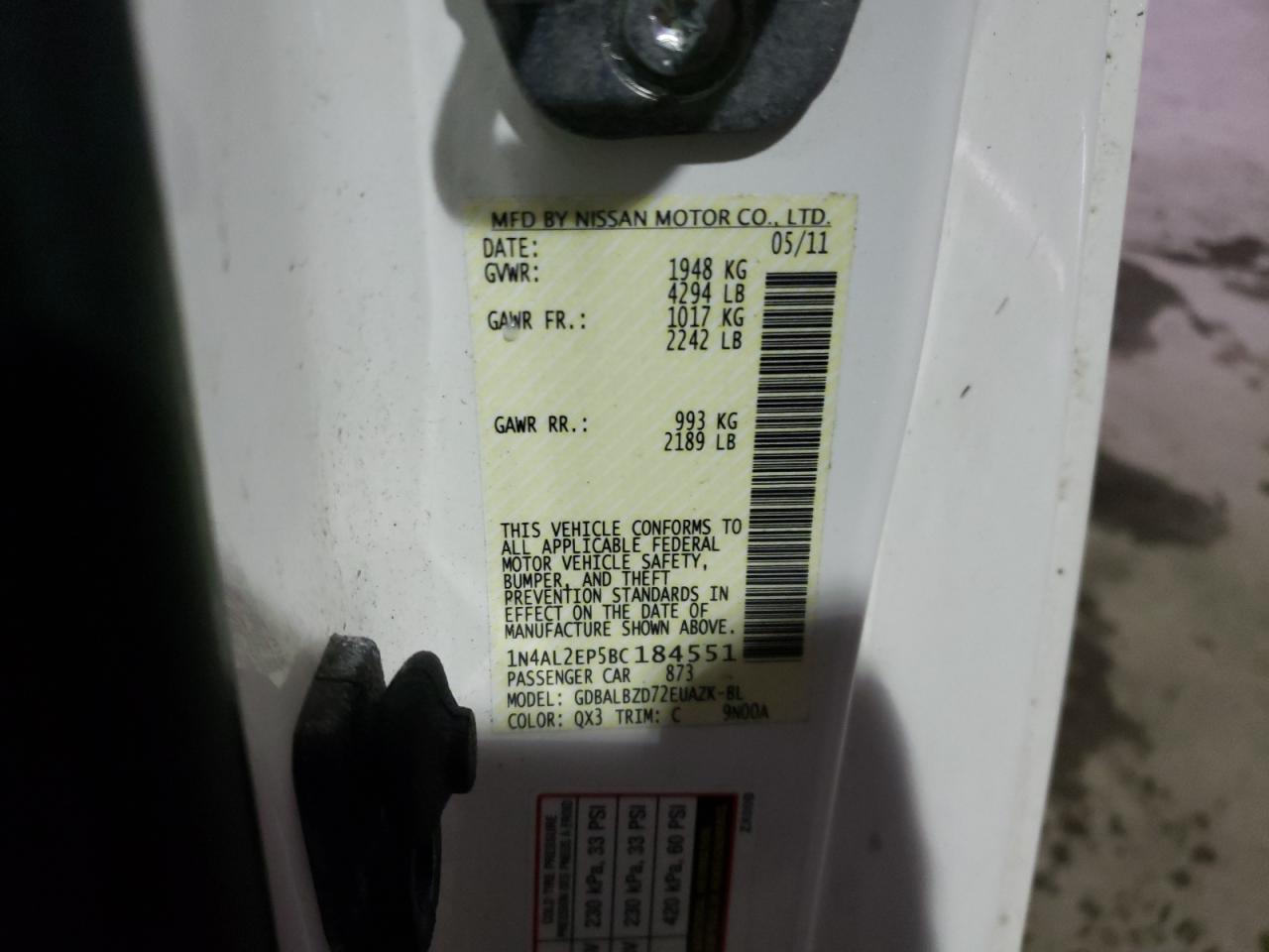 Photo 10 from auction – 2011 NISSAN ALTIMA S with VIN 1N4AL2EP5BC184551