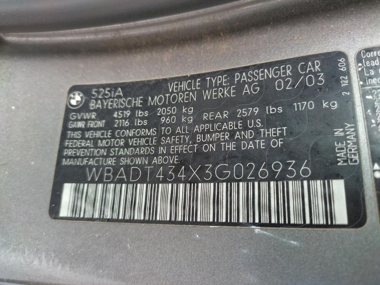 Photo 10 from auction – 2003 BMW 525 I AUTO with VIN WBADT434X3G026936