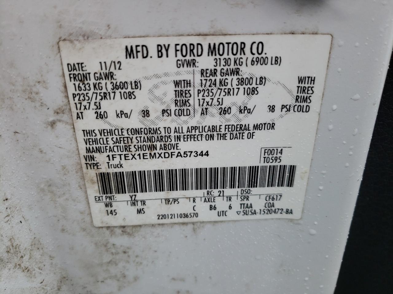 Photo 10 from auction – 2013 FORD F150 SUPER with VIN 1FTEX1EMXDFA57344
