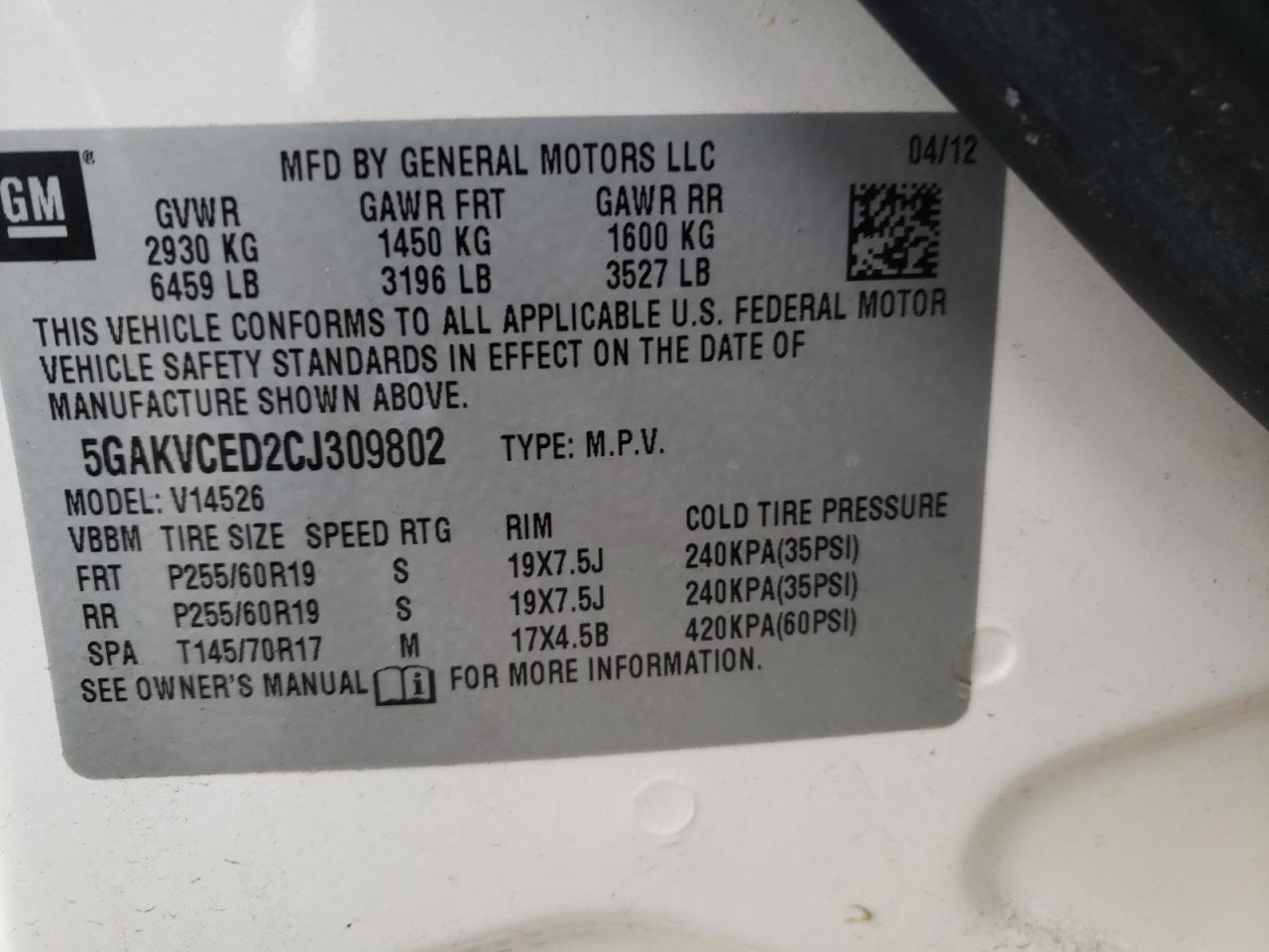 Photo 10 from auction – 2012 BUICK ENCLAVE with VIN 5GAKVCED2CJ309802