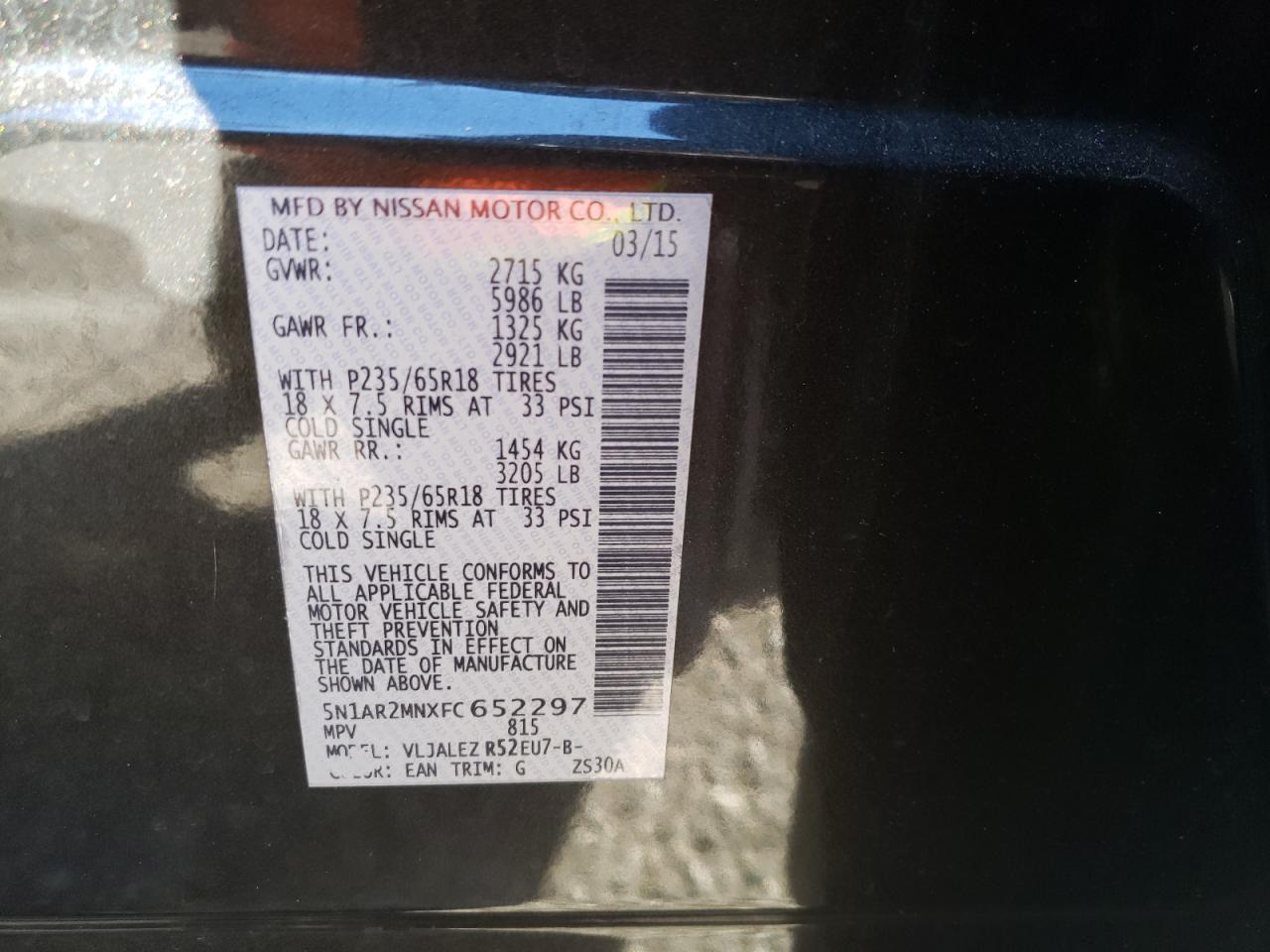 Photo 10 from auction – 2015 NISSAN PATHFINDER with VIN 5N1AR2MNXFC652297