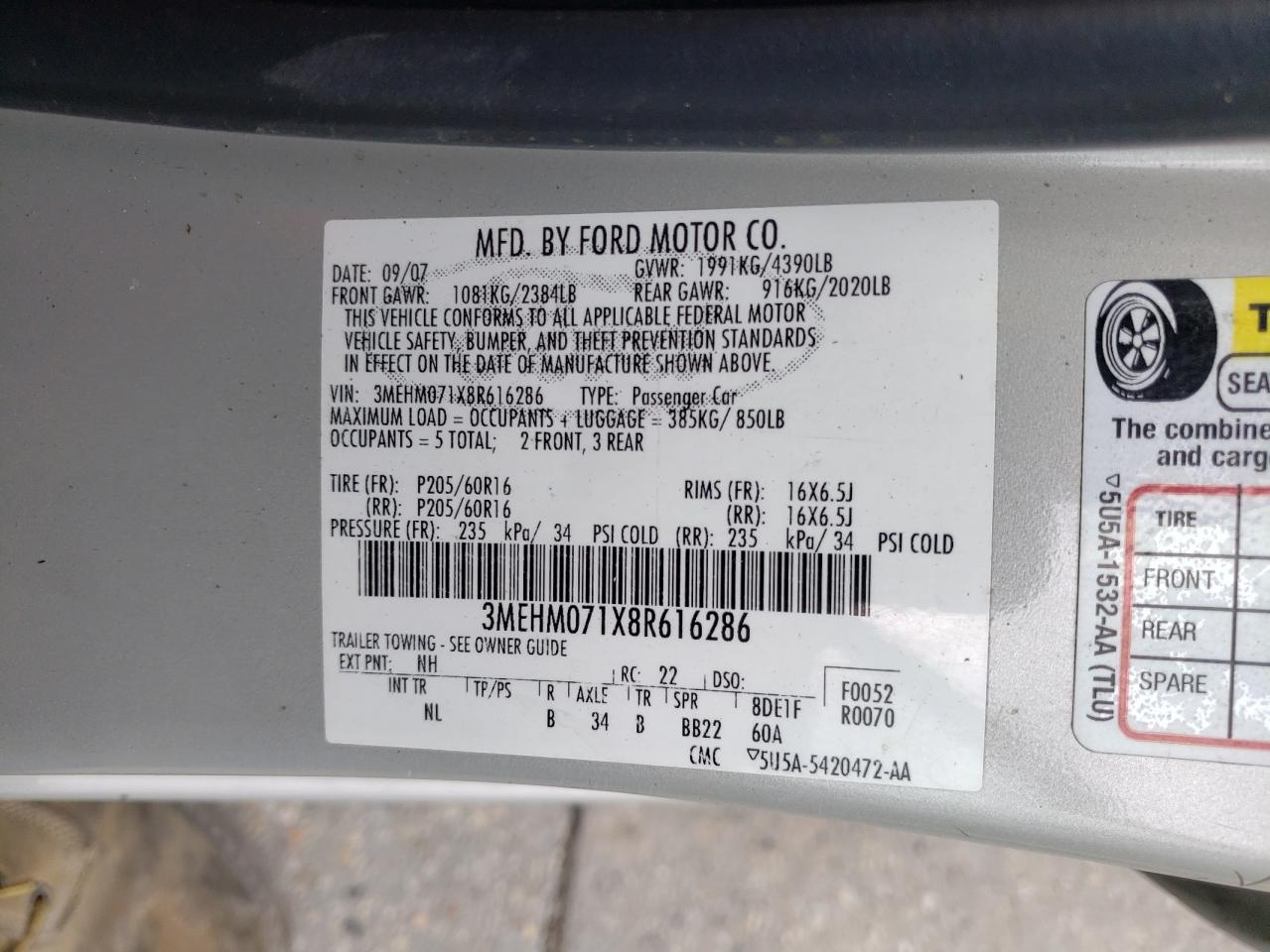 Photo 10 from auction – 2008 MERCURY MILAN with VIN 3MEHM071X8R616286