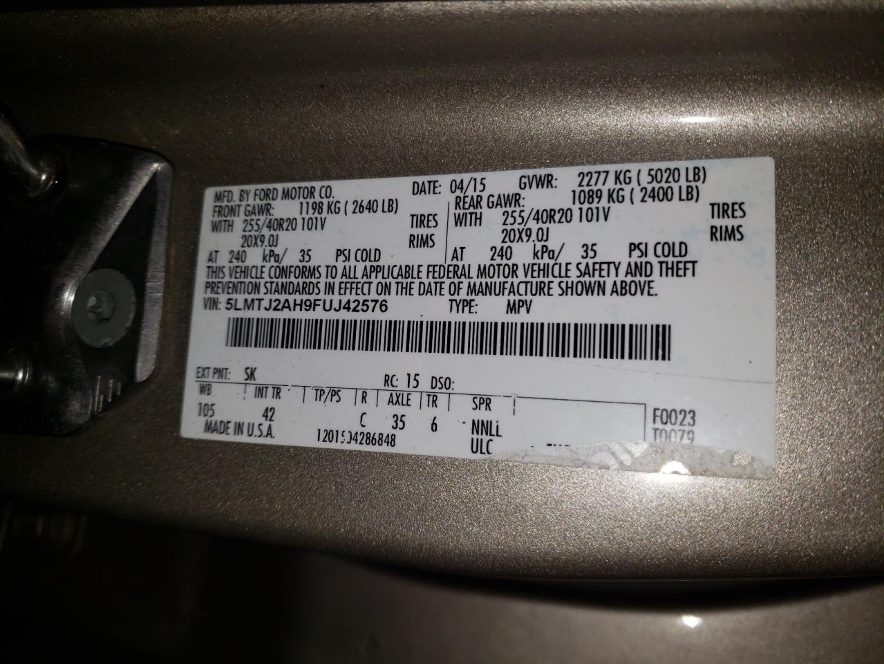 Photo 10 from auction – 2015 LINCOLN MKC with VIN 5LMTJ2AH9FUJ42576