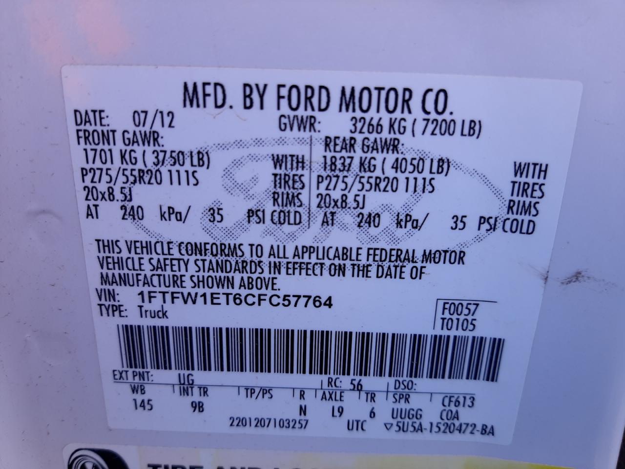 Zdjęcie 10 z aukcji – 2012 FORD F150 SUPER z VIN 1FTFW1ET6CFC57764