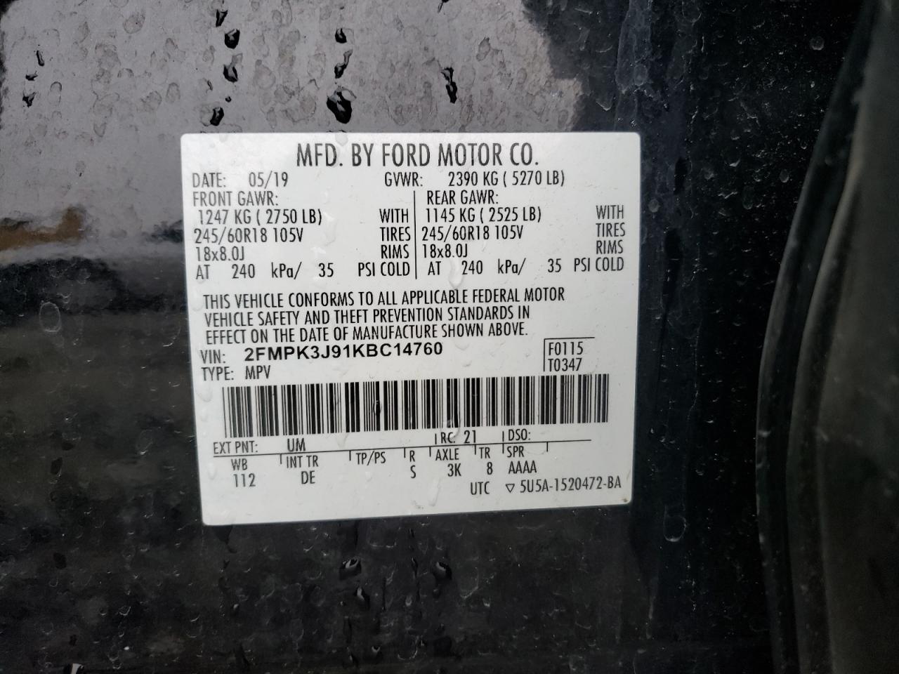 Photo 10 from auction – 2019 FORD EDGE SEL with VIN 2FMPK3J91KBC14760