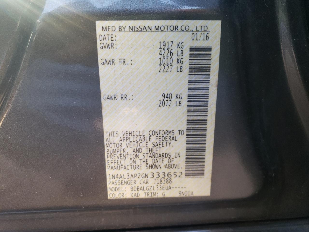 Photo 10 from auction – 2016 NISSAN ALTIMA 2.5 with VIN 1N4AL3AP2GN333652