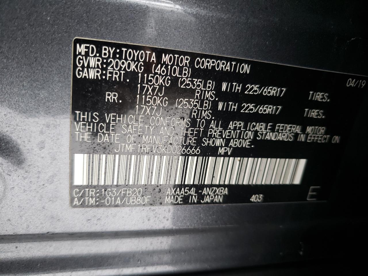 Photo 10 from auction – 2019 TOYOTA RAV4 LE with VIN JTMF1RFV3KD026666