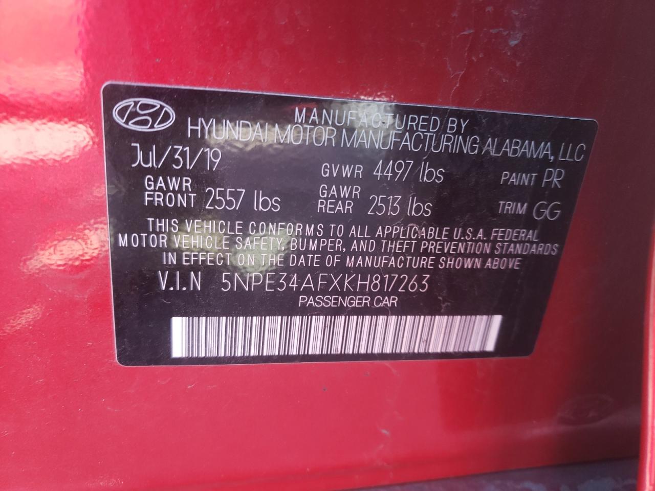 Photo 10 from auction – 2019 HYUNDAI SONATA LIM with VIN 5NPE34AFXKH817263