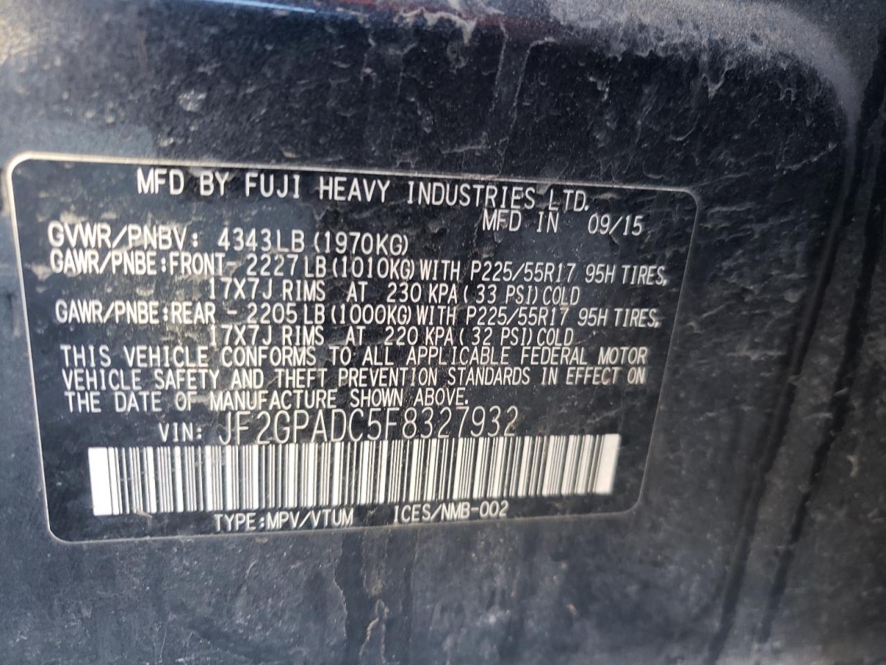 Photo 10 from auction – 2015 SUBARU XV CROSSTR with VIN JF2GPADC5F8327932